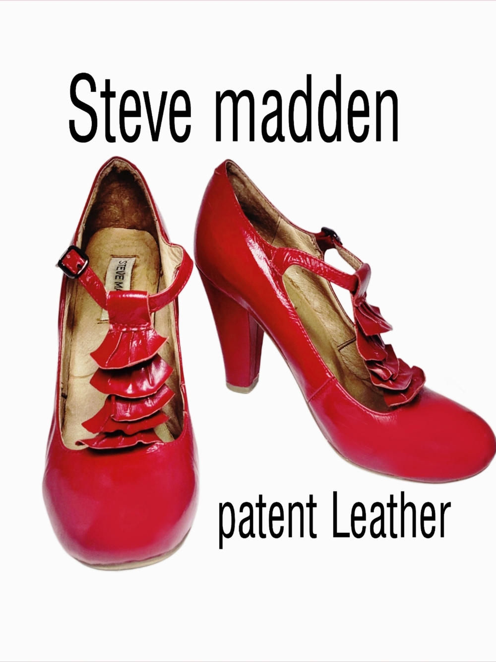Vintage Steve Madden Women's Red Patent Leather T- Strap Heels Ruffles Size 7
